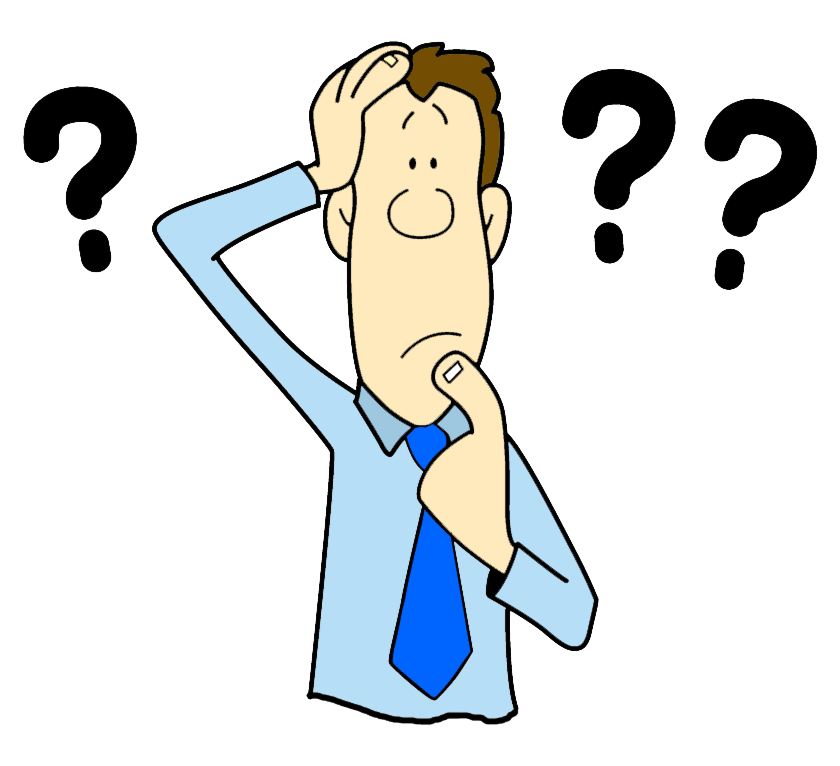 cartoon of a man in a suit scratching his head with floating question marks